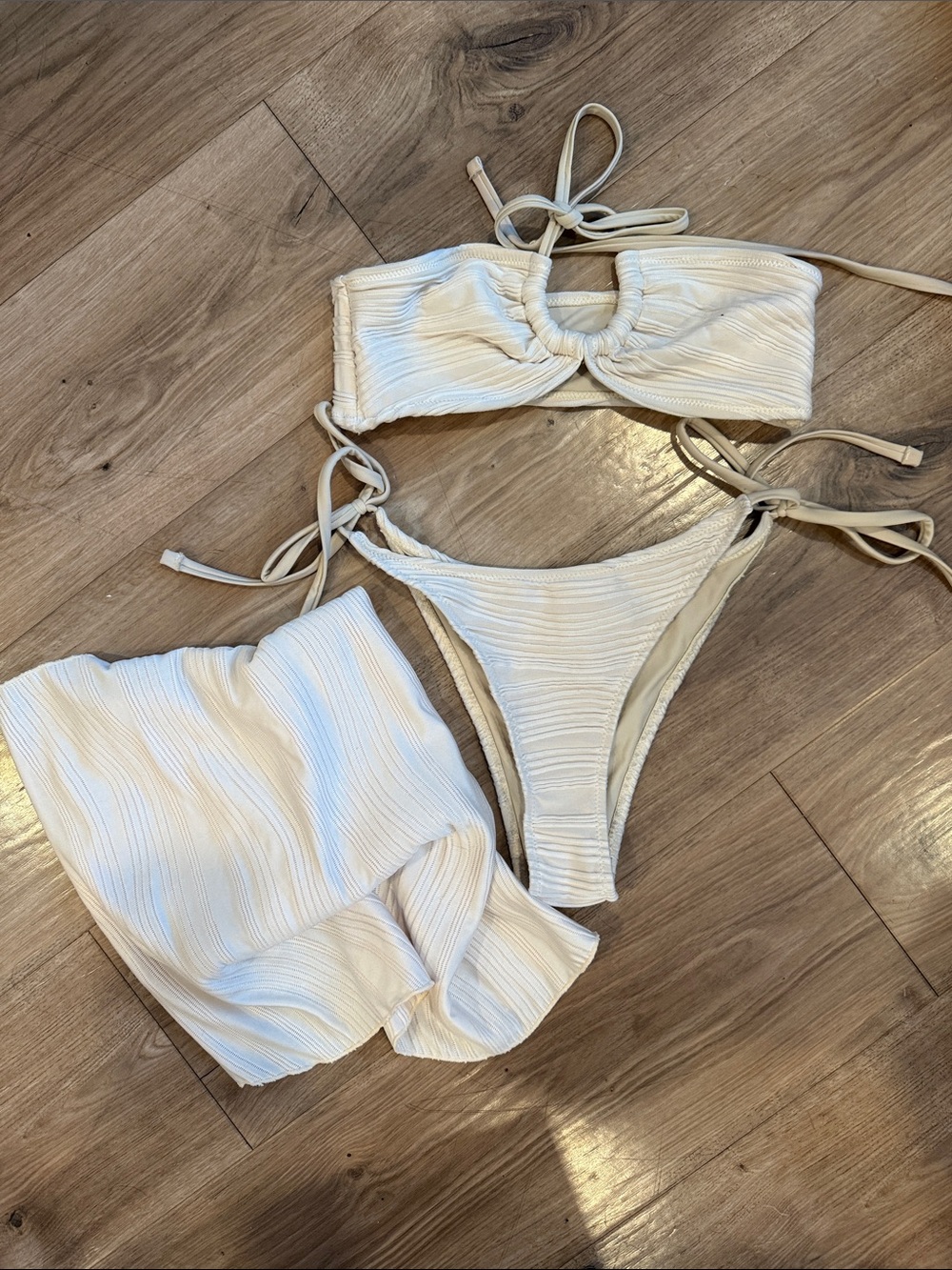 Zaful White Ribbed Bandeau Tie Bikini Set